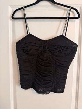 Rachel Zoe Black Ruched Bustier Tank with Rhinestone Straps